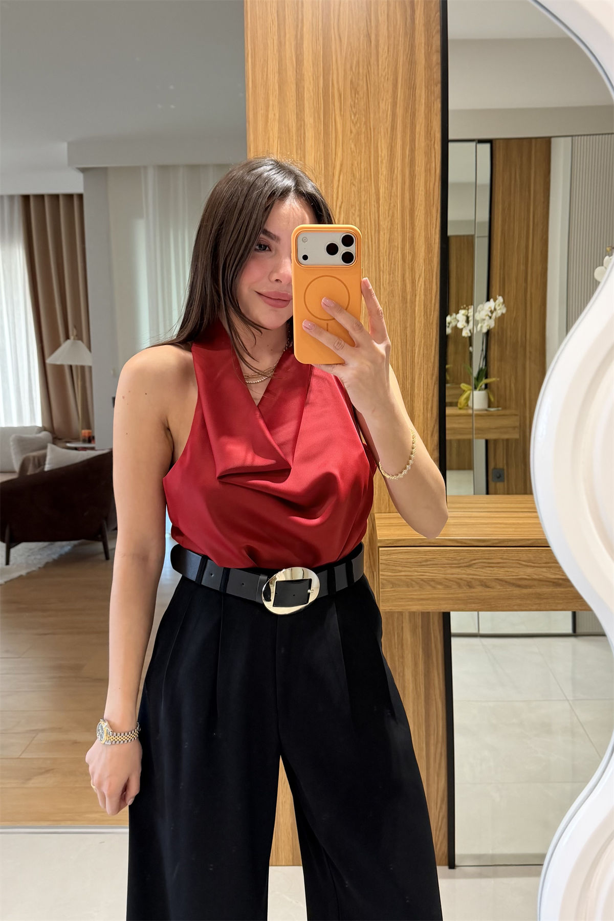 Helina Kırmızı Degaje Saten Bluz