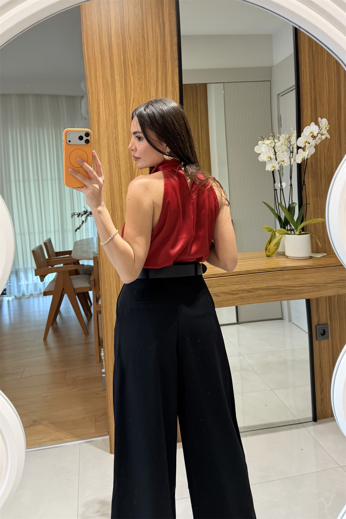 Helina Kırmızı Degaje Saten Bluz