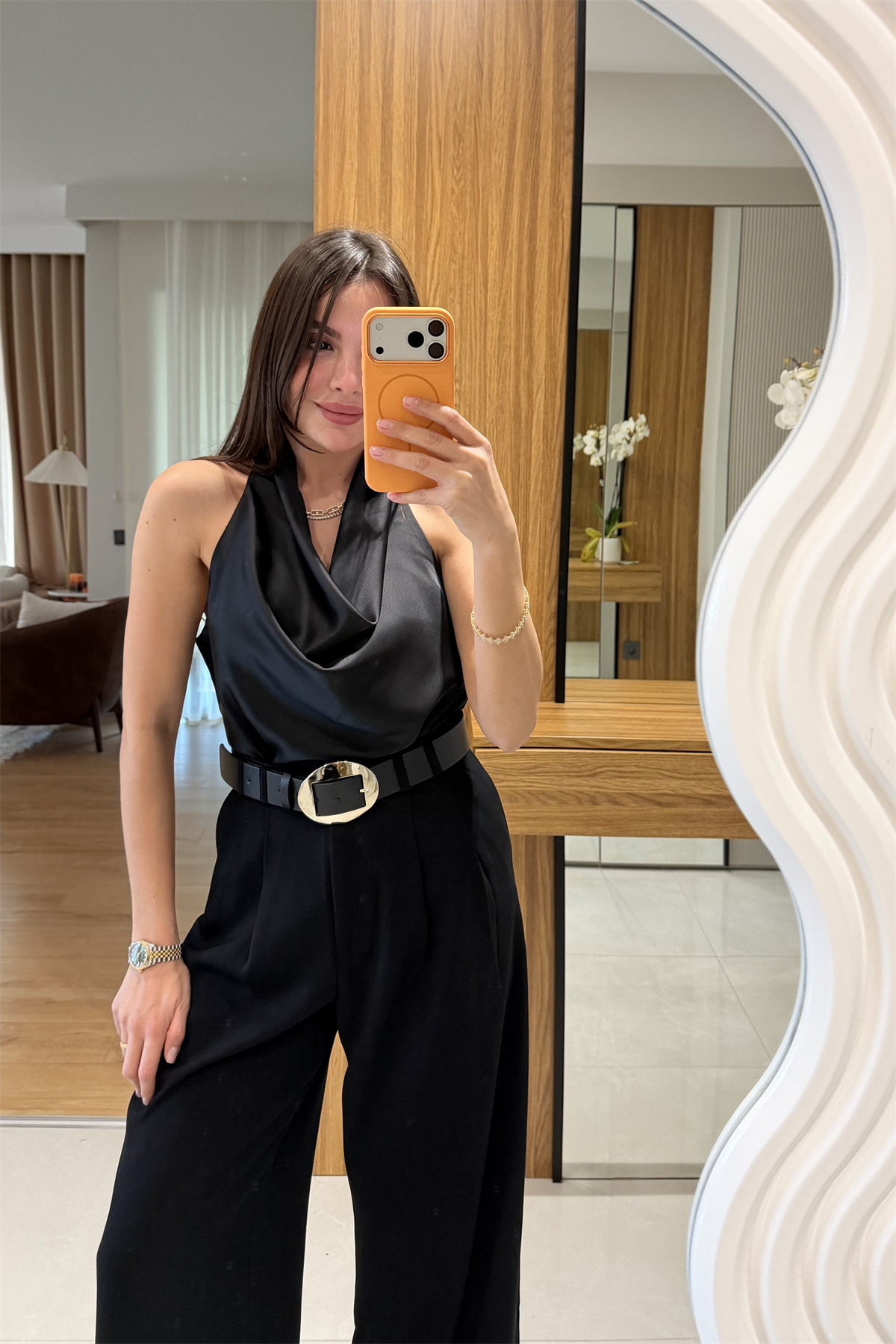 Helina Siyah  Degaje Saten Bluz
