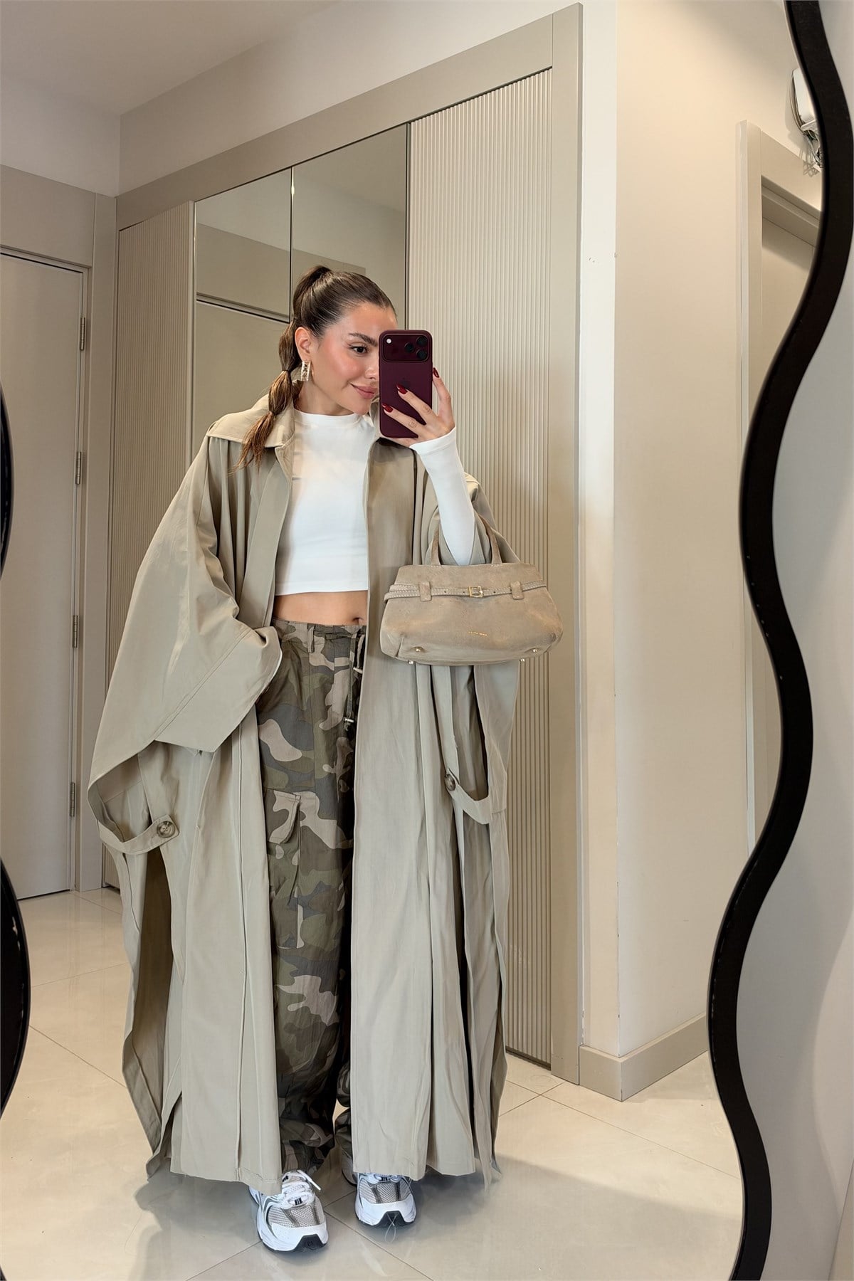 Henna Taş Oversize Uzun Trençkot