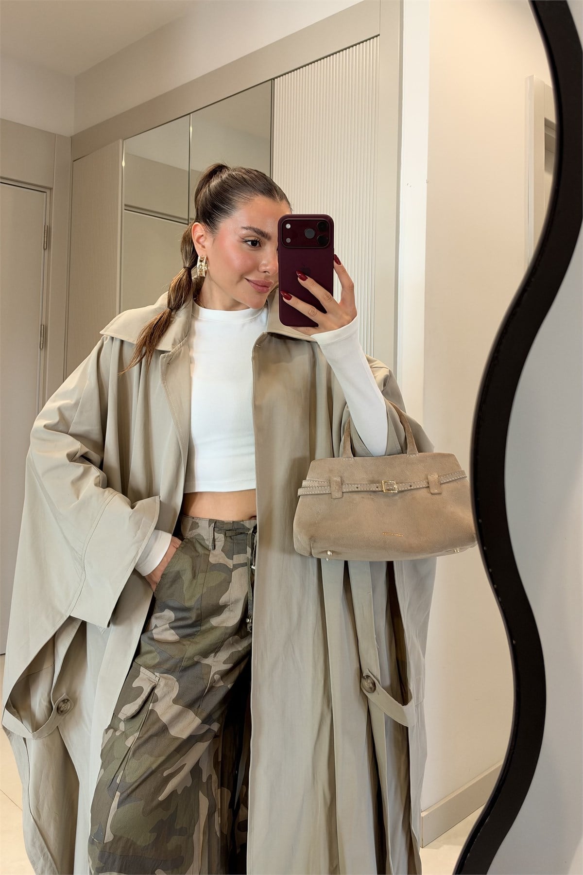 Henna Taş Oversize Uzun Trençkot