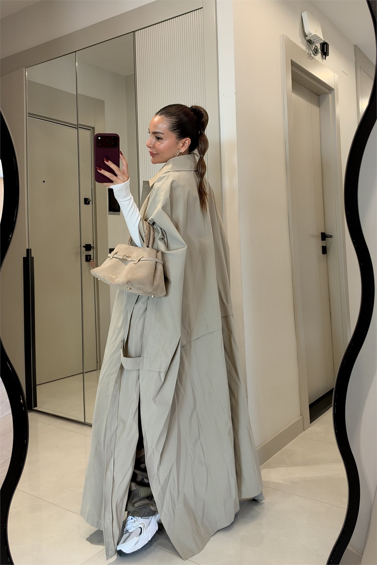 Henna Taş Oversize Uzun Trençkot
