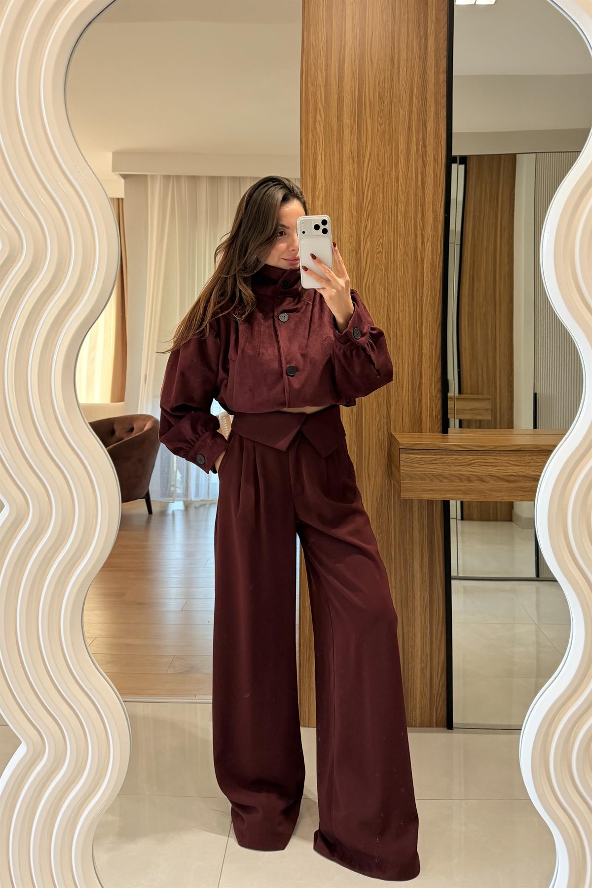 Hermes Bordo Kadife Bomber Ceket