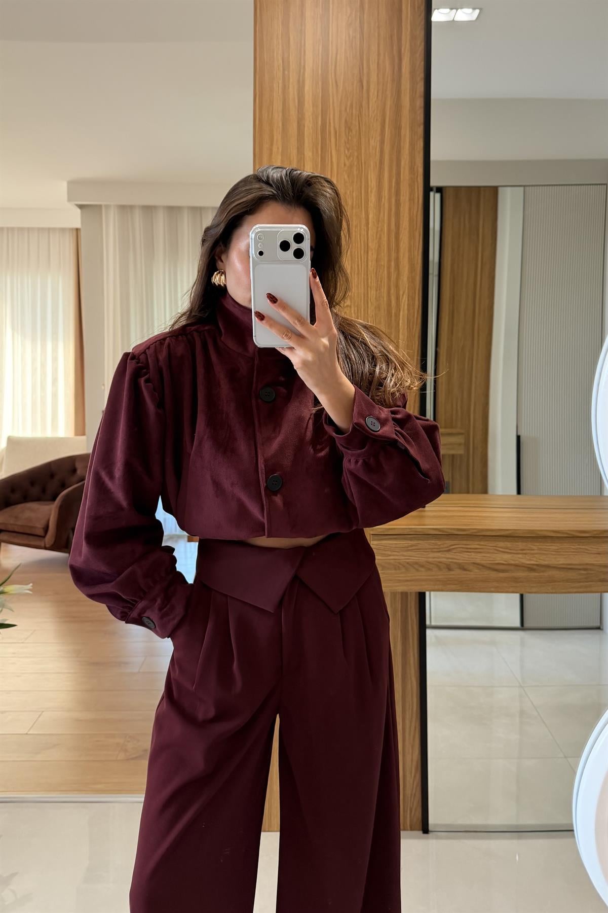 Hermes Bordo Kadife Bomber Ceket