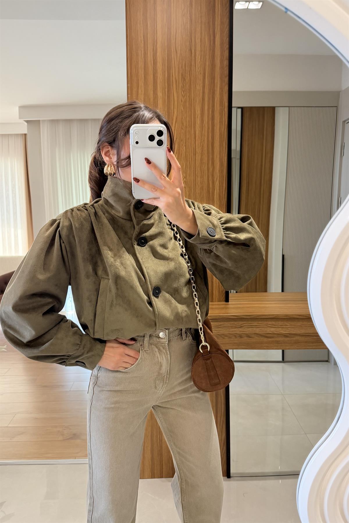 Hermes Haki Kadife Bomber Ceket