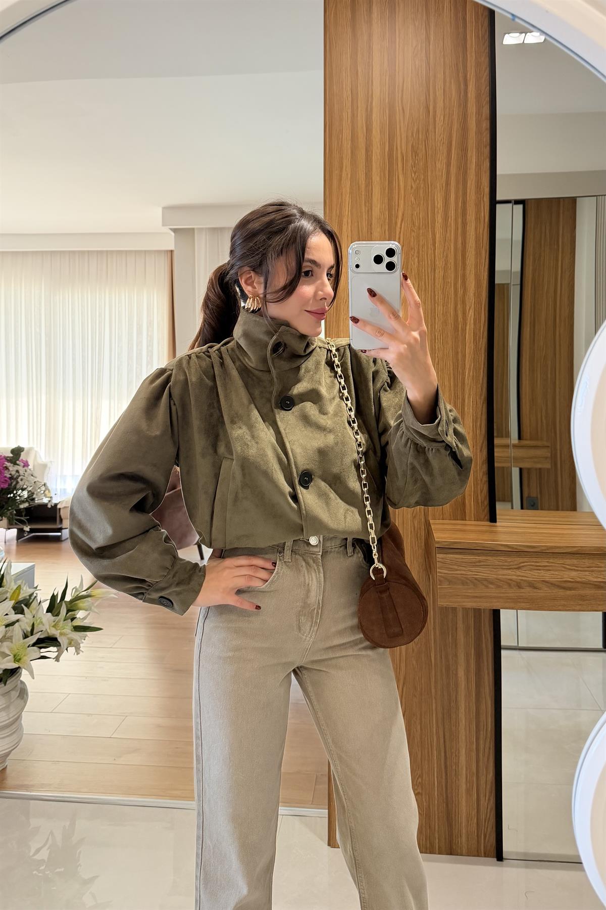 Hermes Haki Kadife Bomber Ceket
