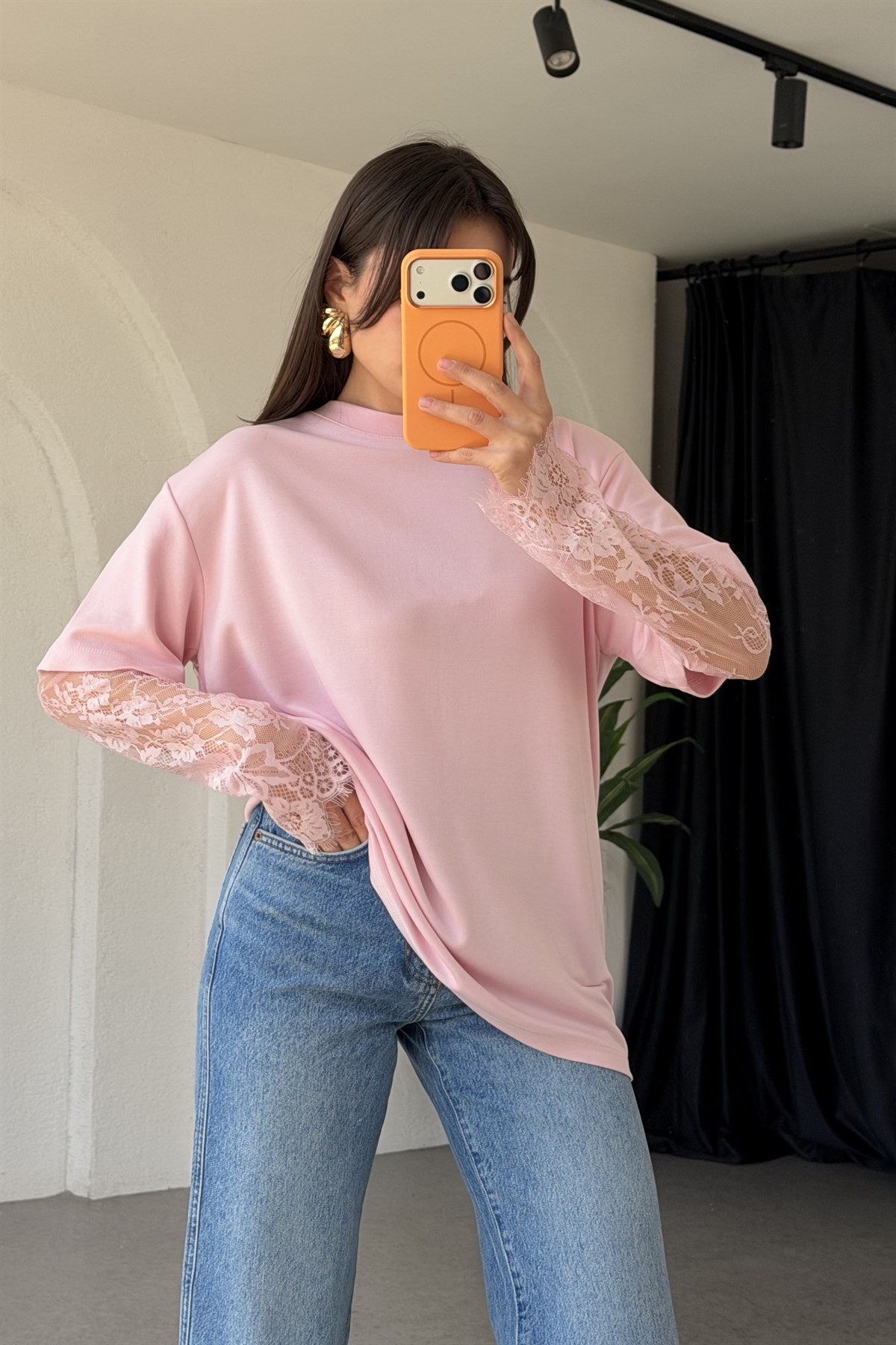 Hervix Pembe Dantel Kollu Tshirt