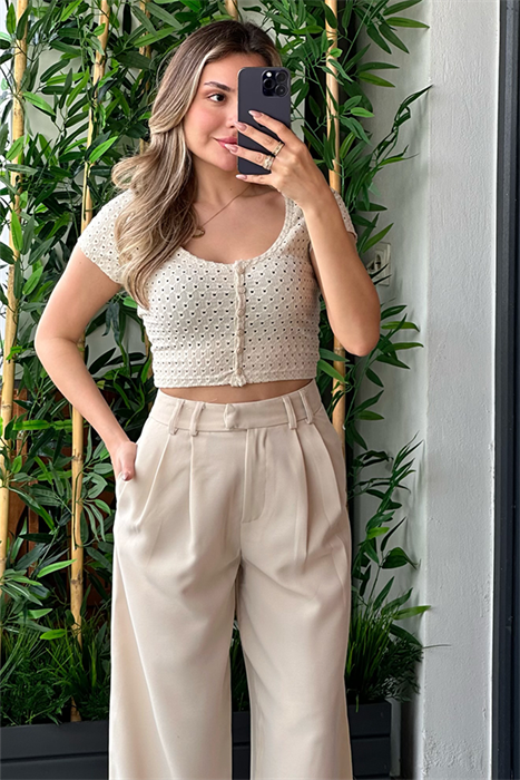 Güpürlü mini crop top - Krem