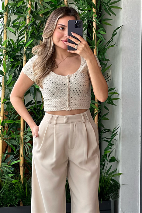 Güpürlü mini crop top - Krem