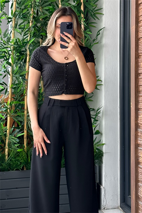 Güpürlü mini crop top - Siyah