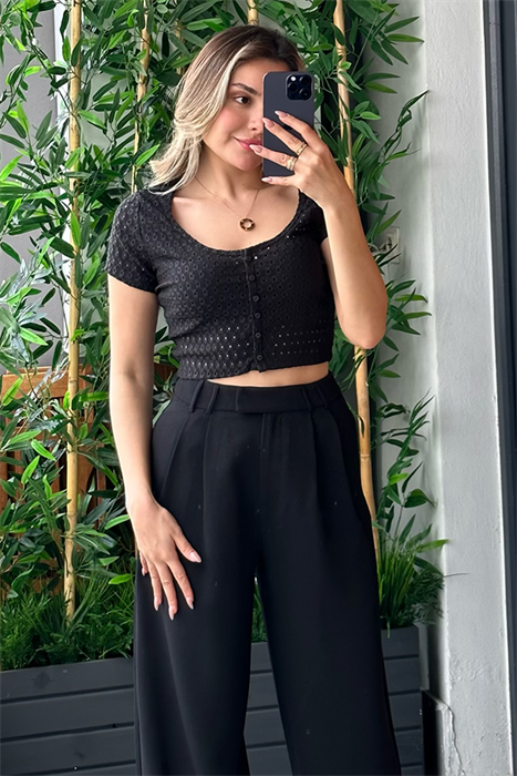 Güpürlü mini crop top - Siyah