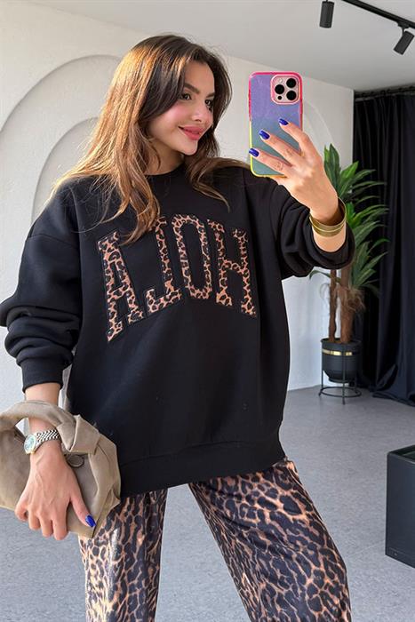 Hola Leopar Desen Siyah Sweat