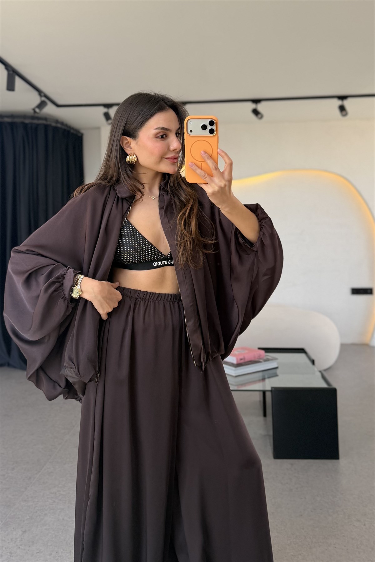 Holana Kahve Bomber Saten Takım