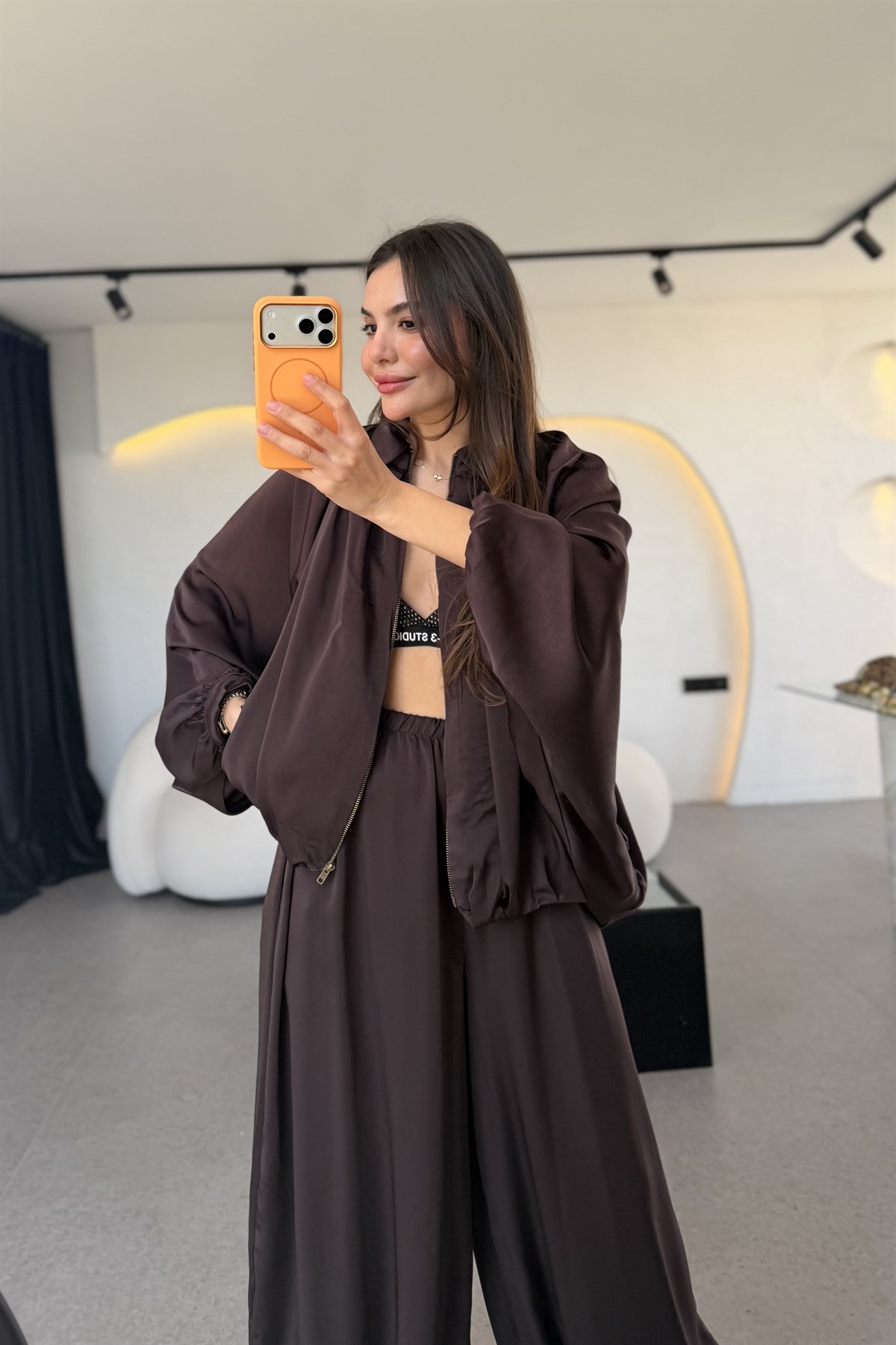 Holana Kahve Bomber Saten Takım