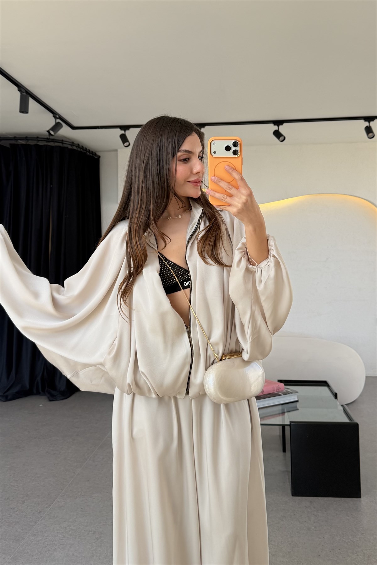 Holana Krem Bomber Saten Takım