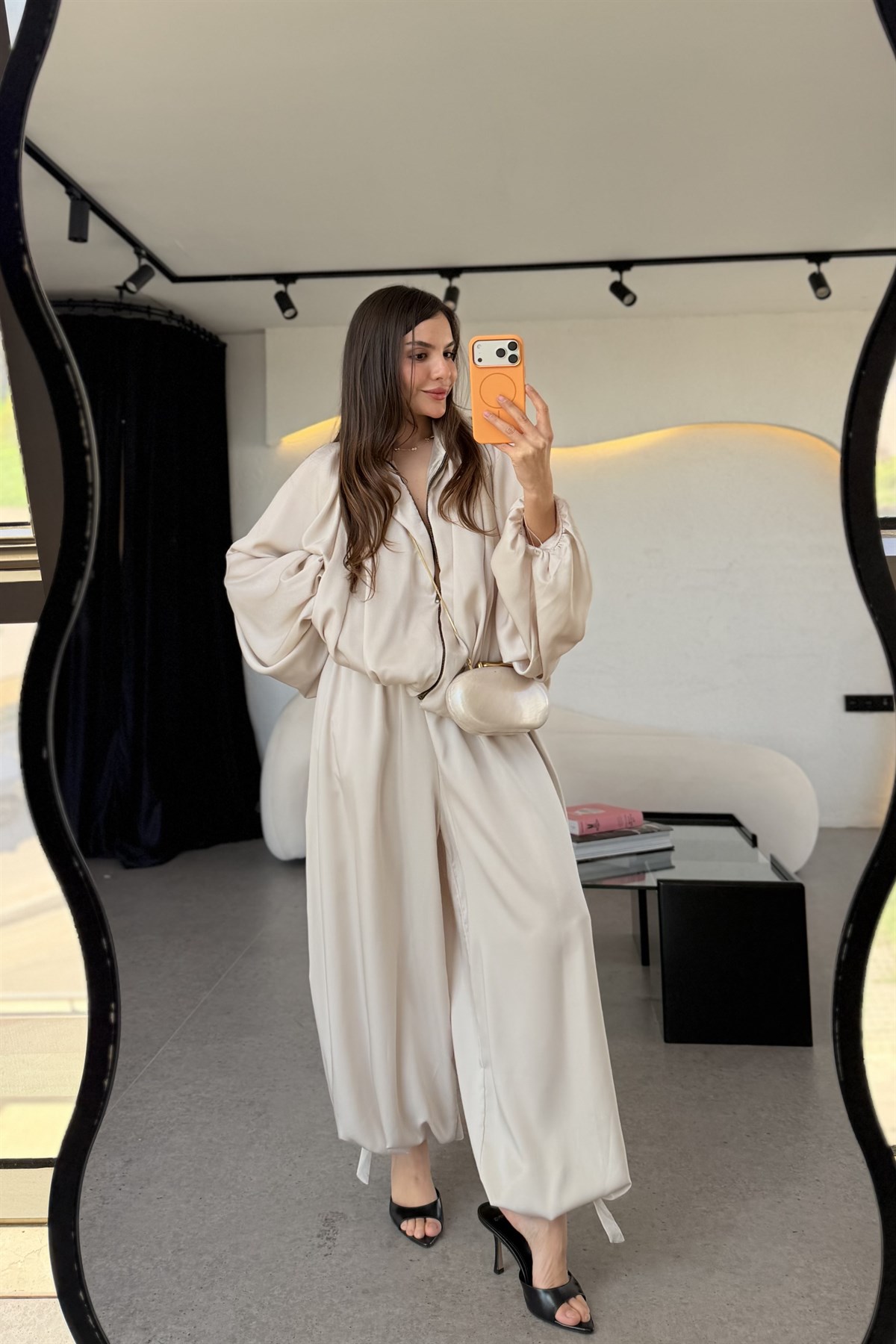 Holana Krem Bomber Saten Takım