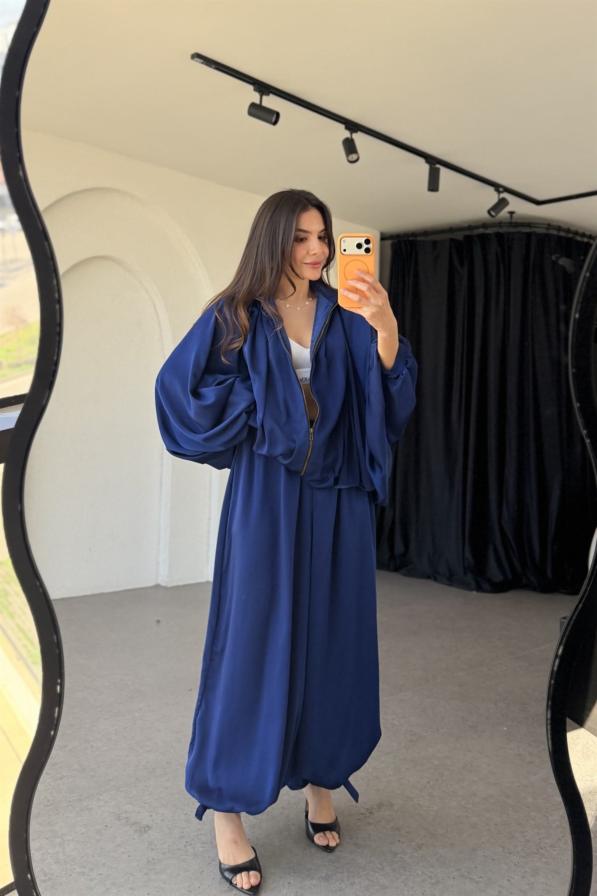 Holana Saks Mavi Bomber Saten Takım