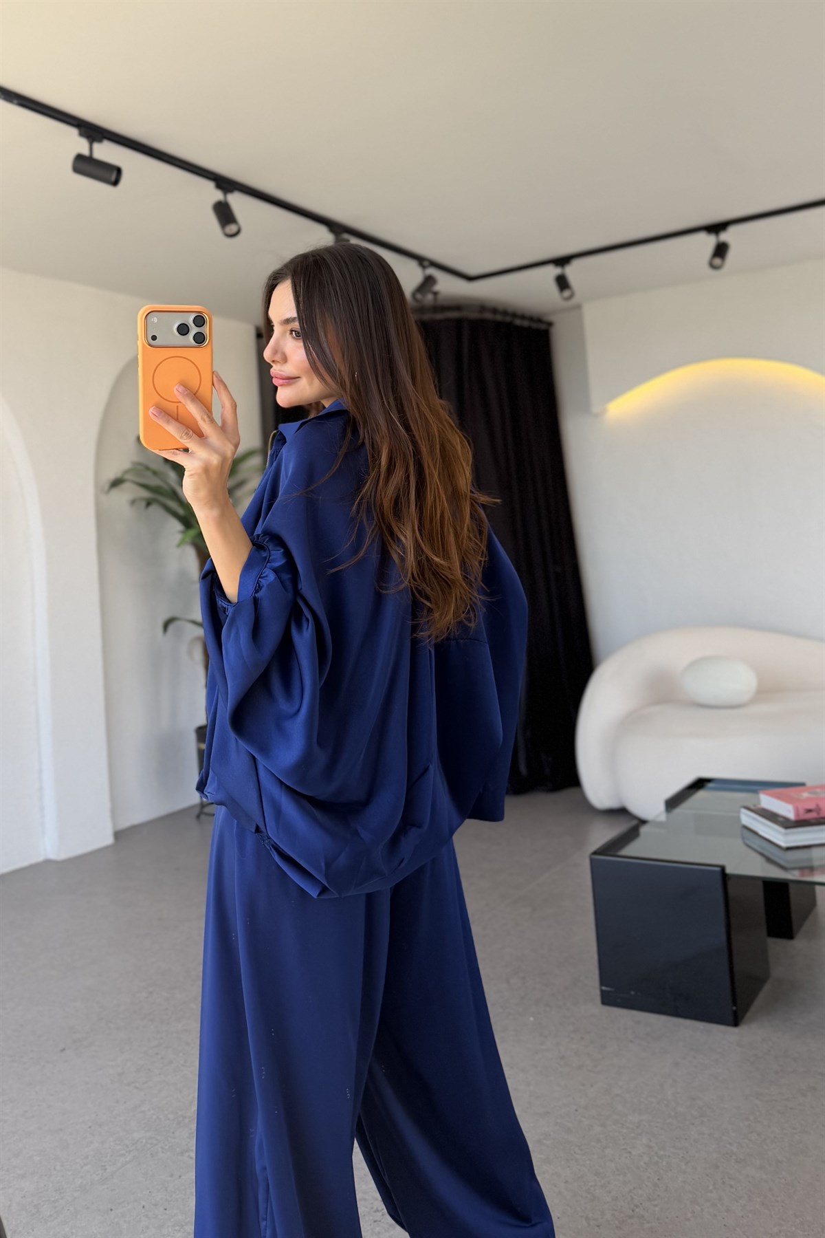 Holana Saks Mavi Bomber Saten Takım