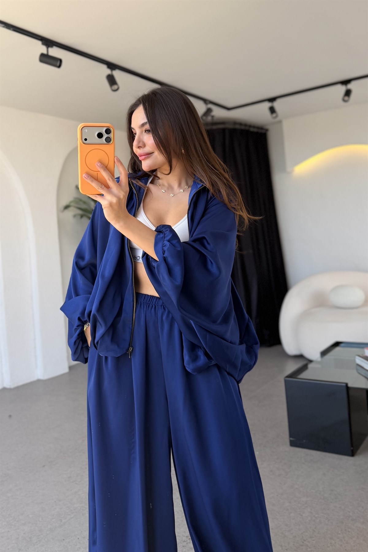 Holana Saks Mavi Bomber Saten Takım