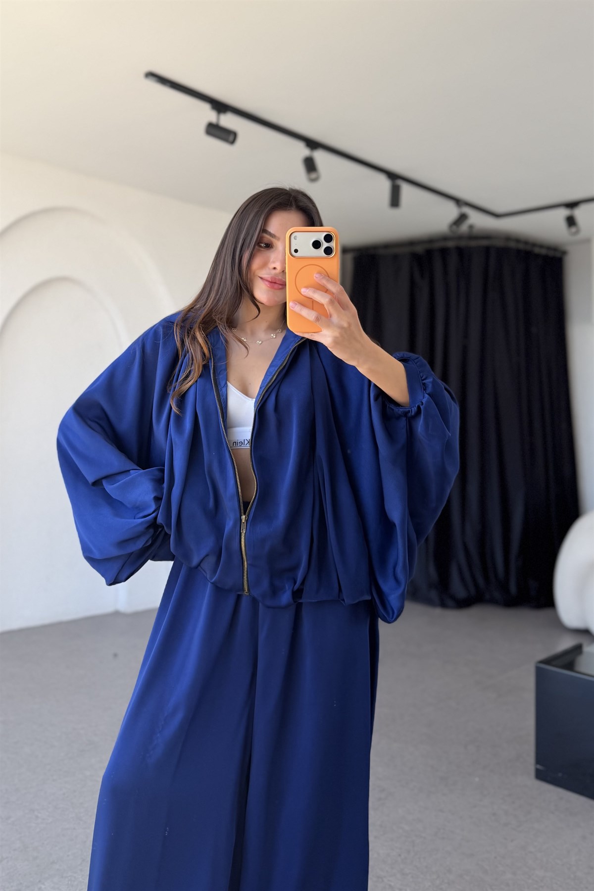 Holana Saks Mavi Bomber Saten Takım