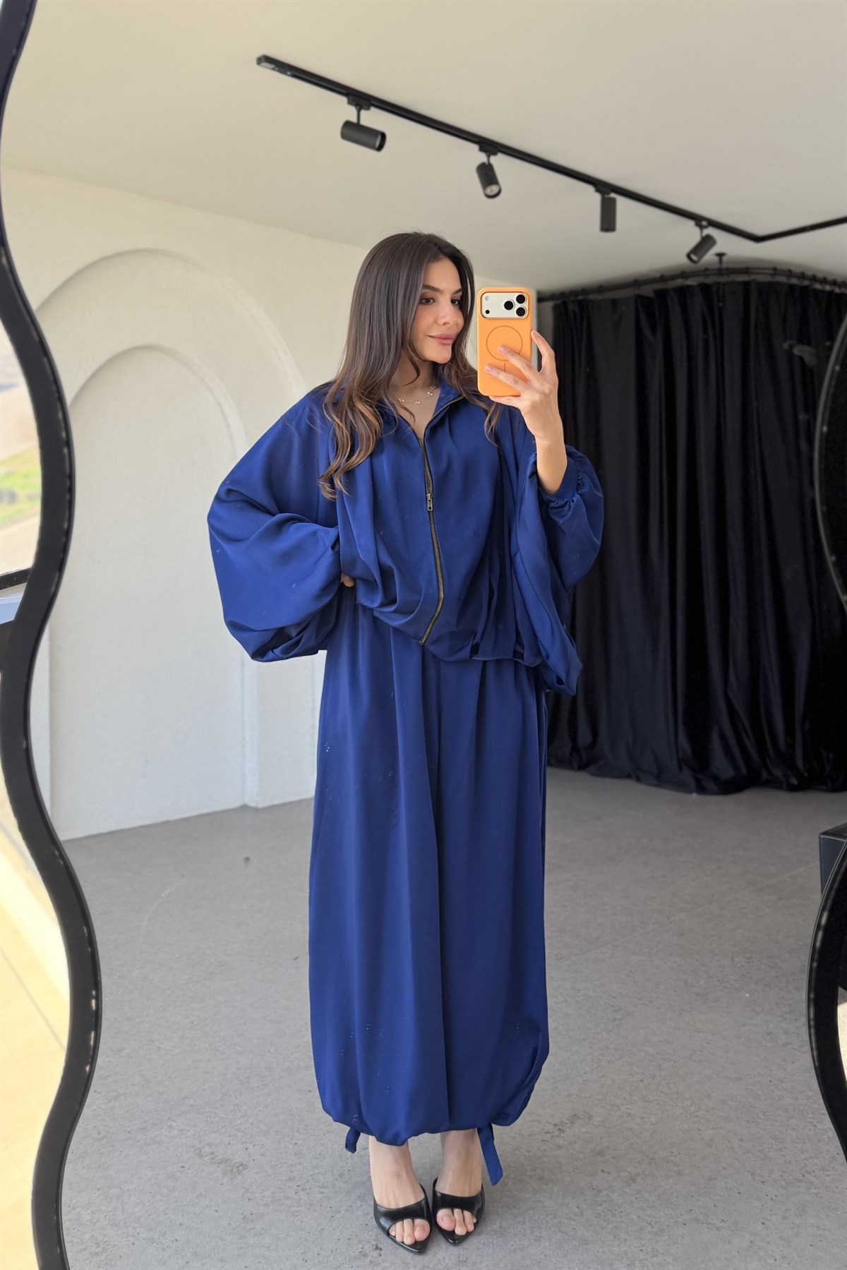 Holana Saks Mavi Bomber Saten Takım