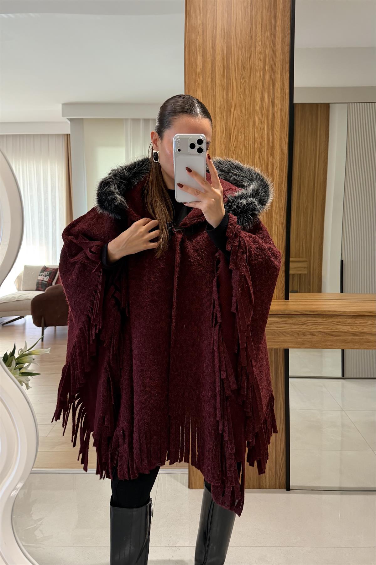 Holland Bordo Kürklü Püsküllü Panço
