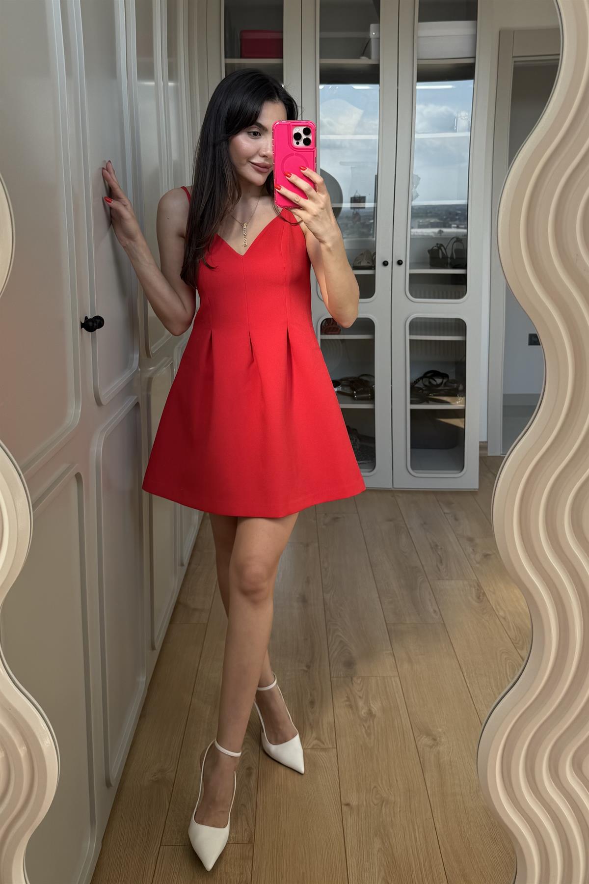 Holly Kırmızı Belden Oturtmalı Elbise