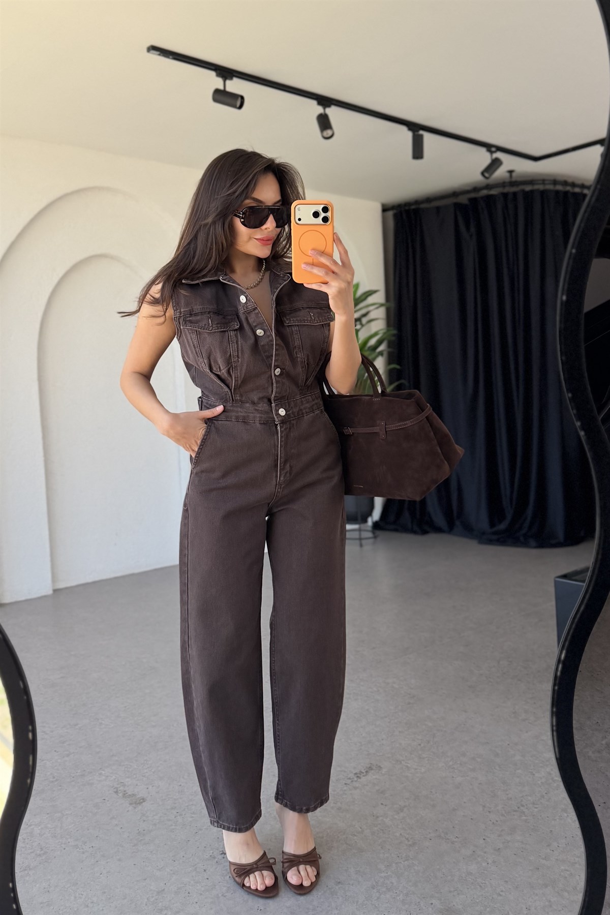 Honey Kahve Denim Kolsuz Tulum