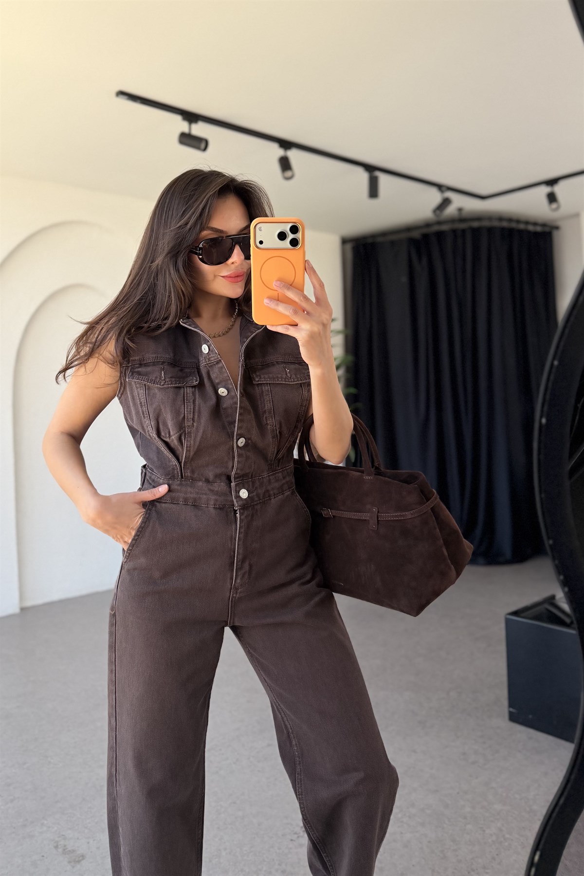 Honey Kahve Denim Kolsuz Tulum