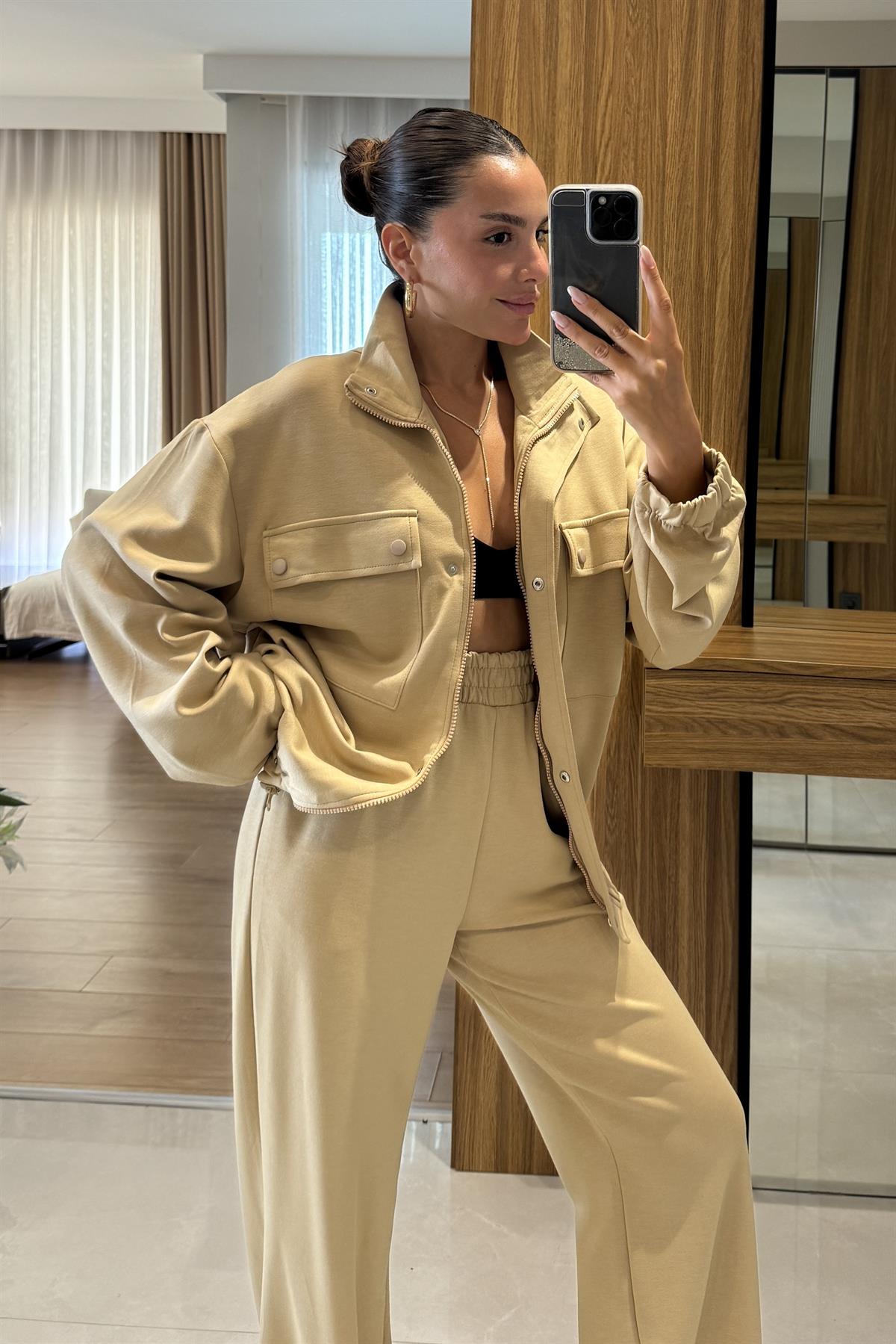 Hors Krem Fermuarlı Cepli Bomber Oversize Eşofman Takımı