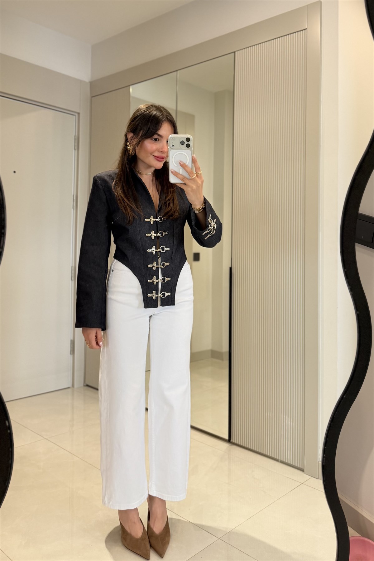 Howell Beyaz Kemerli Wide Leg Jean
