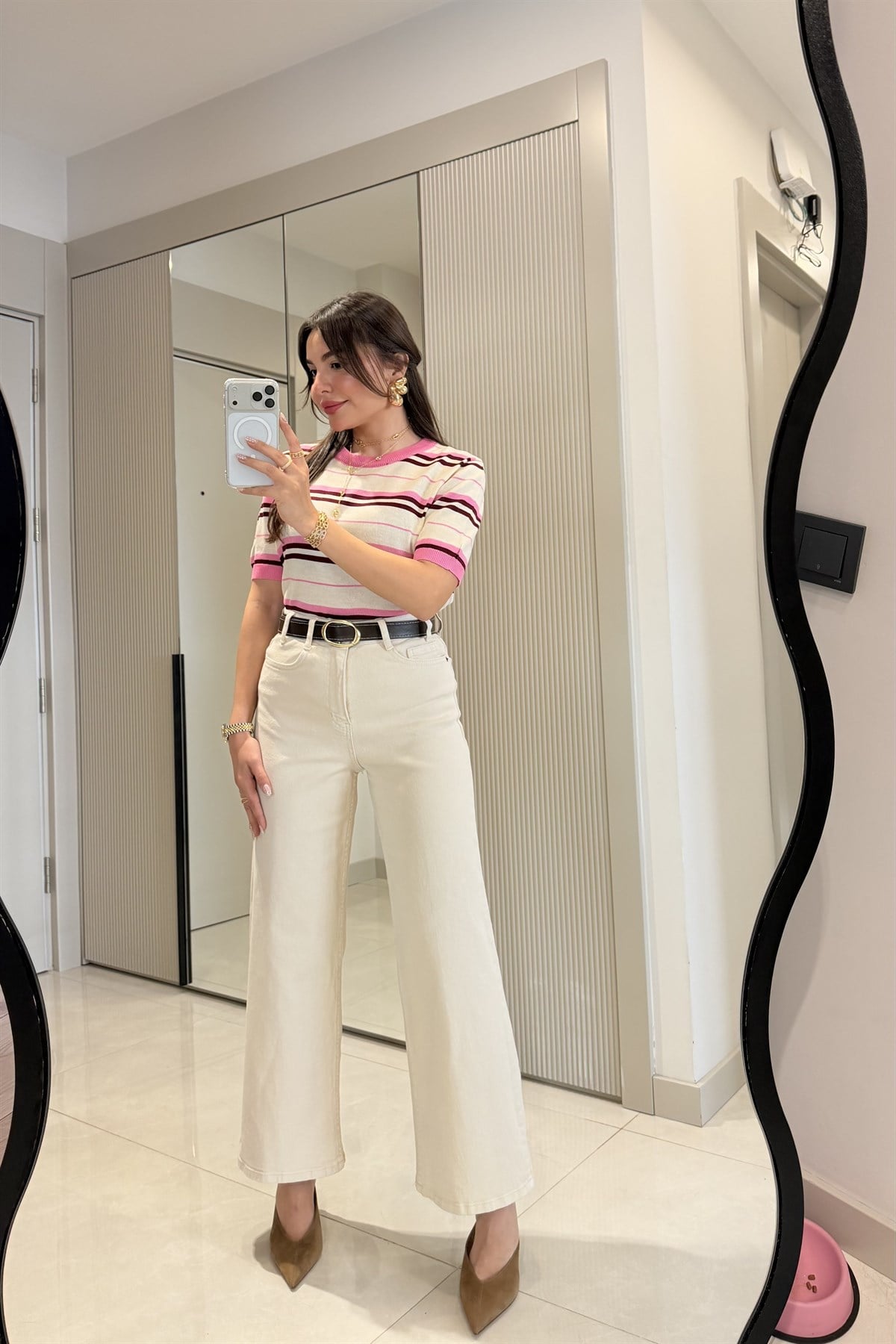 Howell Krem Kemerli Wide Leg Jean