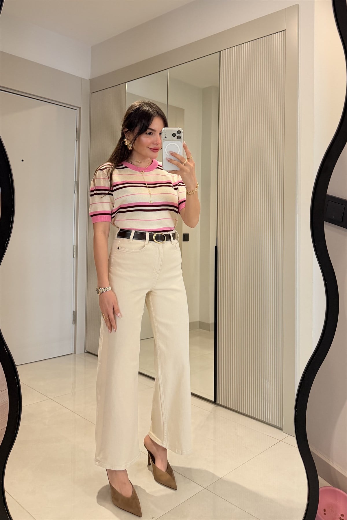 Howell Krem Kemerli Wide Leg Jean