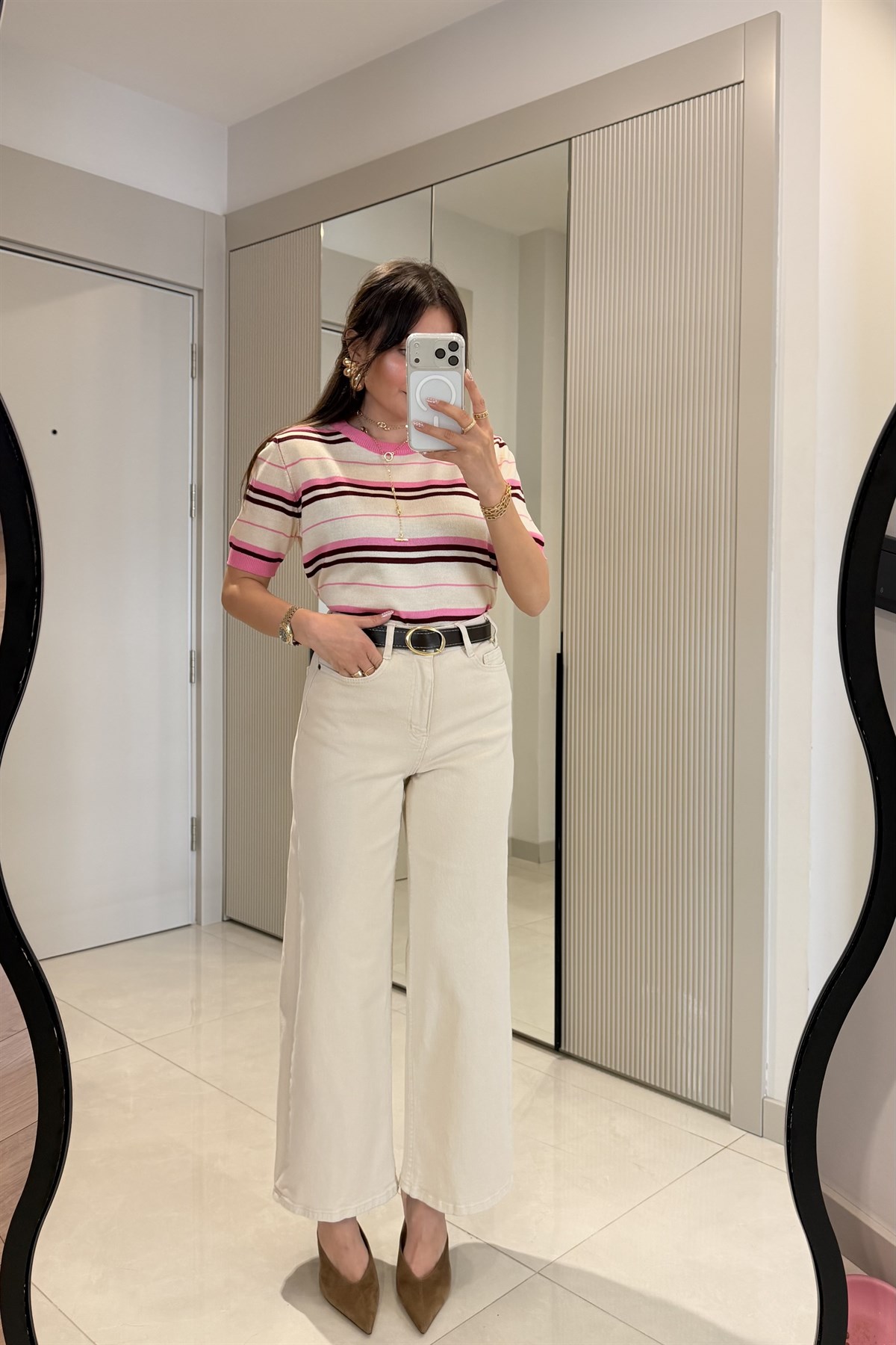 Howell Krem Kemerli Wide Leg Jean