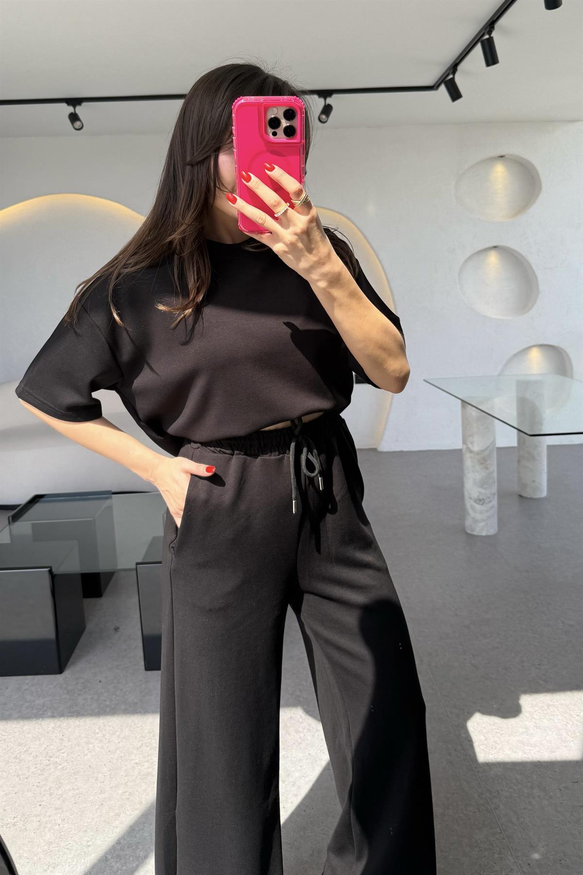 Hudson Siyah Yarım Kollu Modal Takım