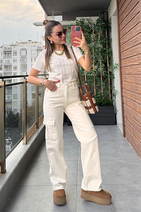 Hyge Kargo Cepli Beyaz Jean