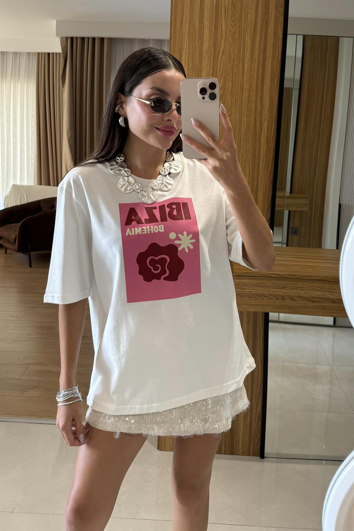 İbiza Baskılı Beyaz Tshirt 