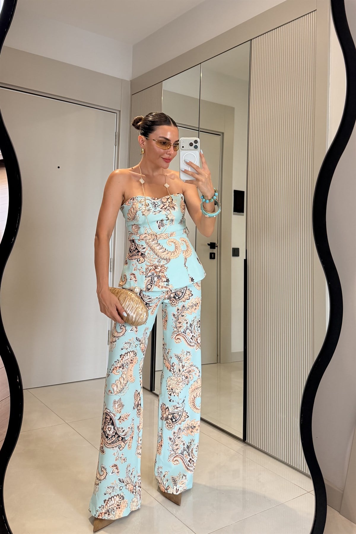 İbiza Mavi Kemerli Şal Desen Straplez Bluz Pantolon Takım