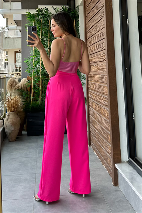 İki pileli bel detaylı pembe palazzo pantolon