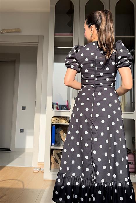 İmani Puantiyeli Tasarım Midi Elbise-Sİyah