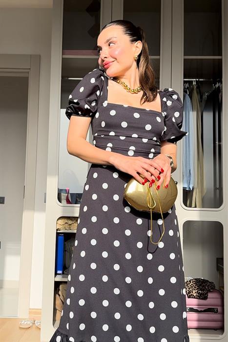 İmani Puantiyeli Tasarım Midi Elbise-Sİyah