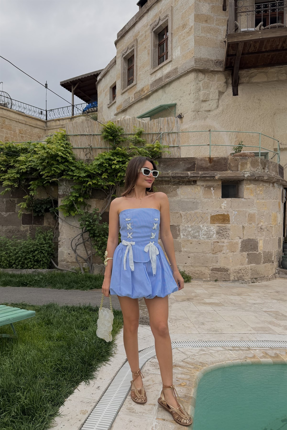 Isabella Mavi  Korseli Balon Etek Takım