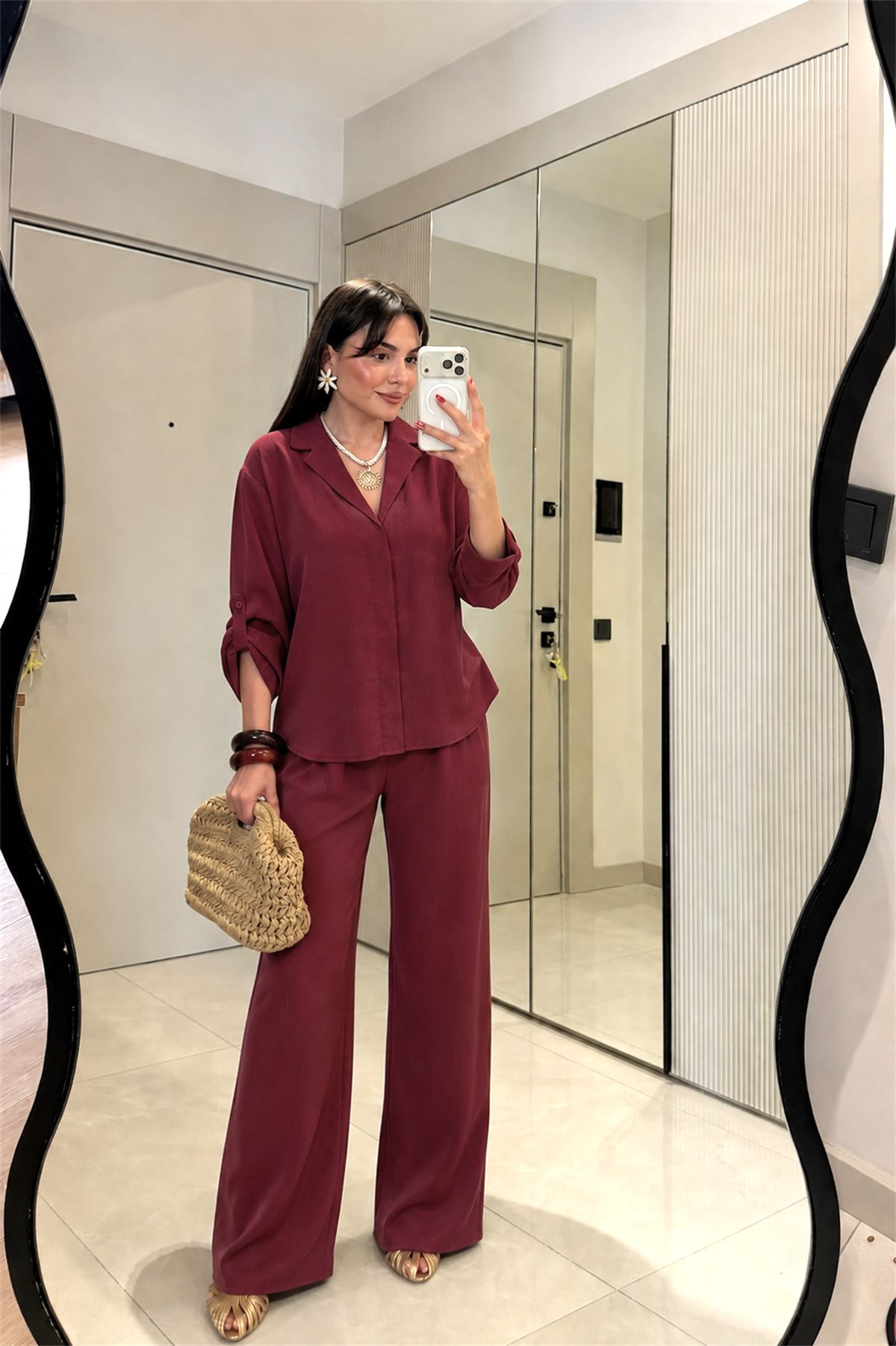 Isadora Bordo Tensel Gömlek Pantolon Takım