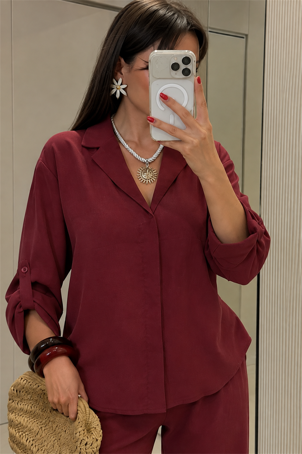 Isadora Bordo Tensel Gömlek Pantolon Takım