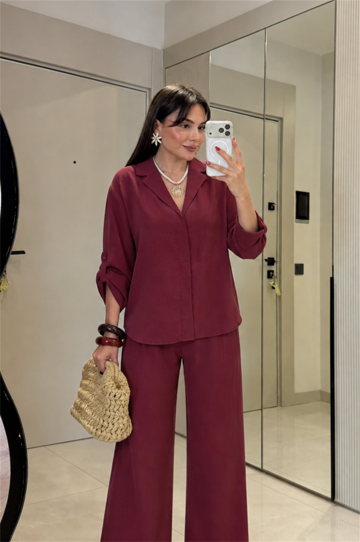 Isadora Bordo Tensel Gömlek Pantolon Takım