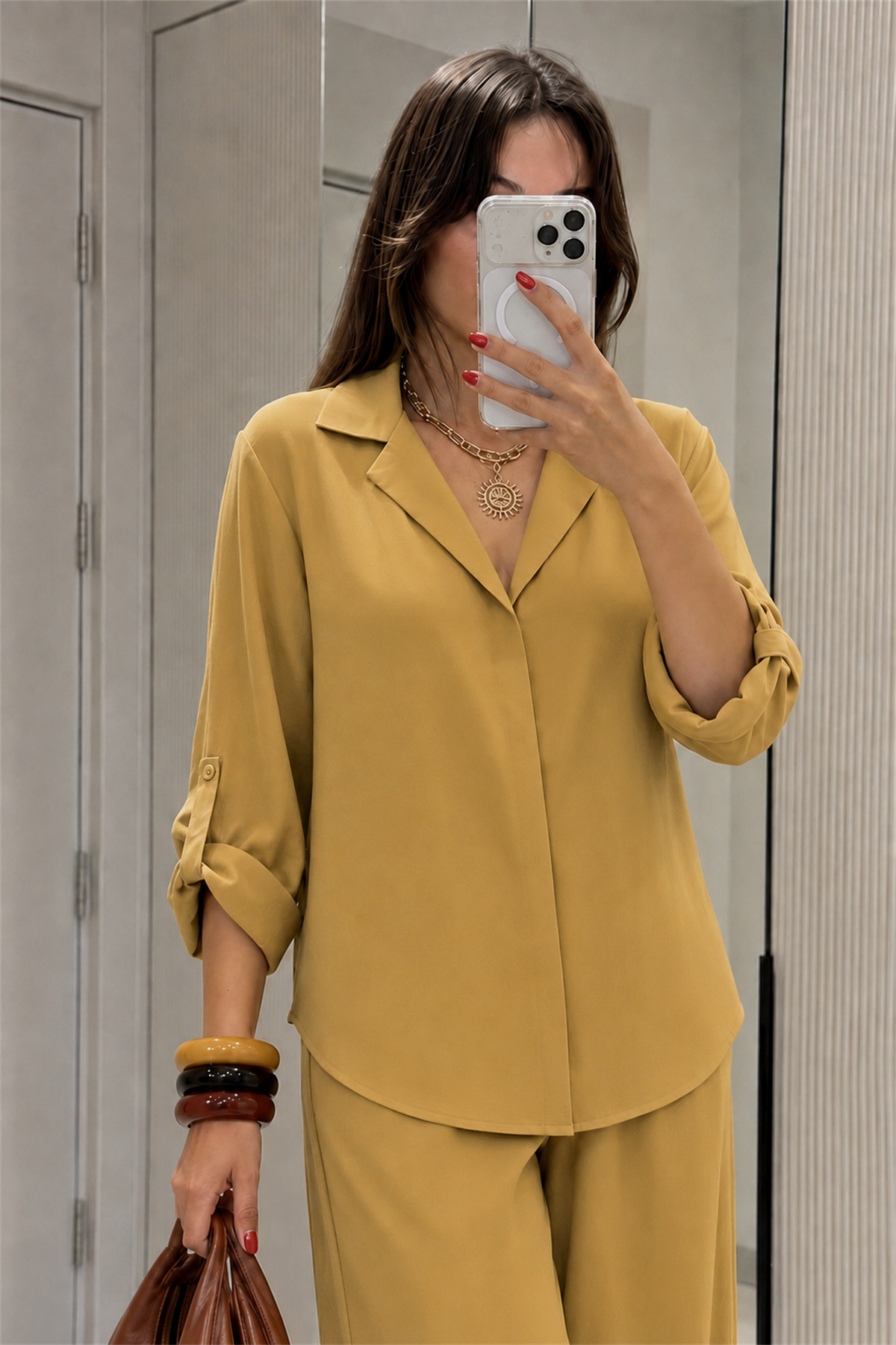 Isadora Hardal Tensel Gömlek Pantolon Takım
