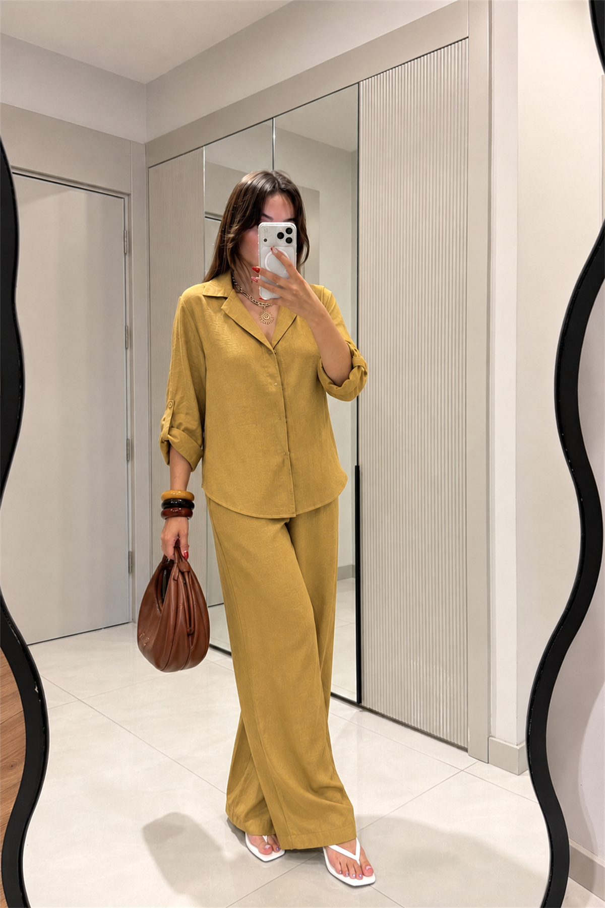 Isadora Hardal Tensel Gömlek Pantolon Takım