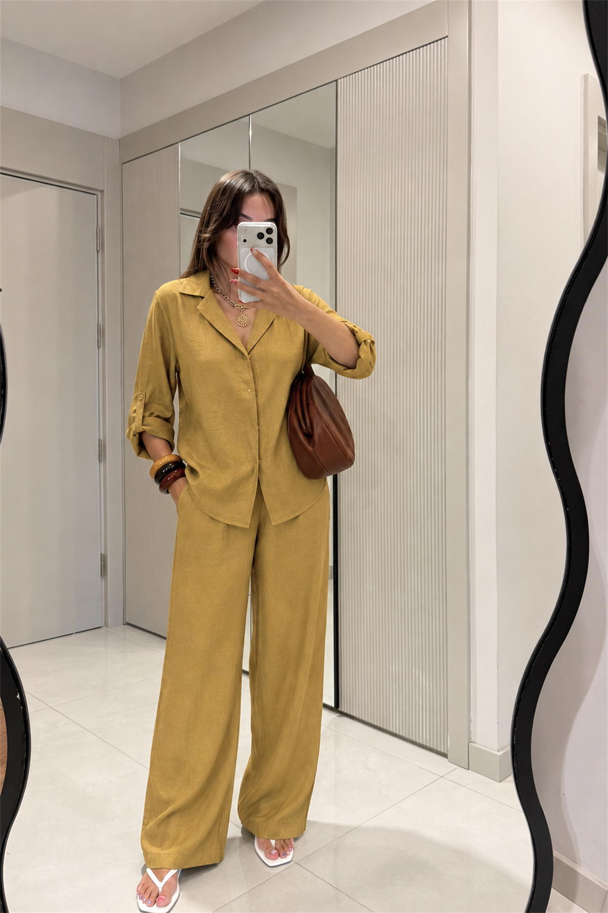 Isadora Hardal Tensel Gömlek Pantolon Takım