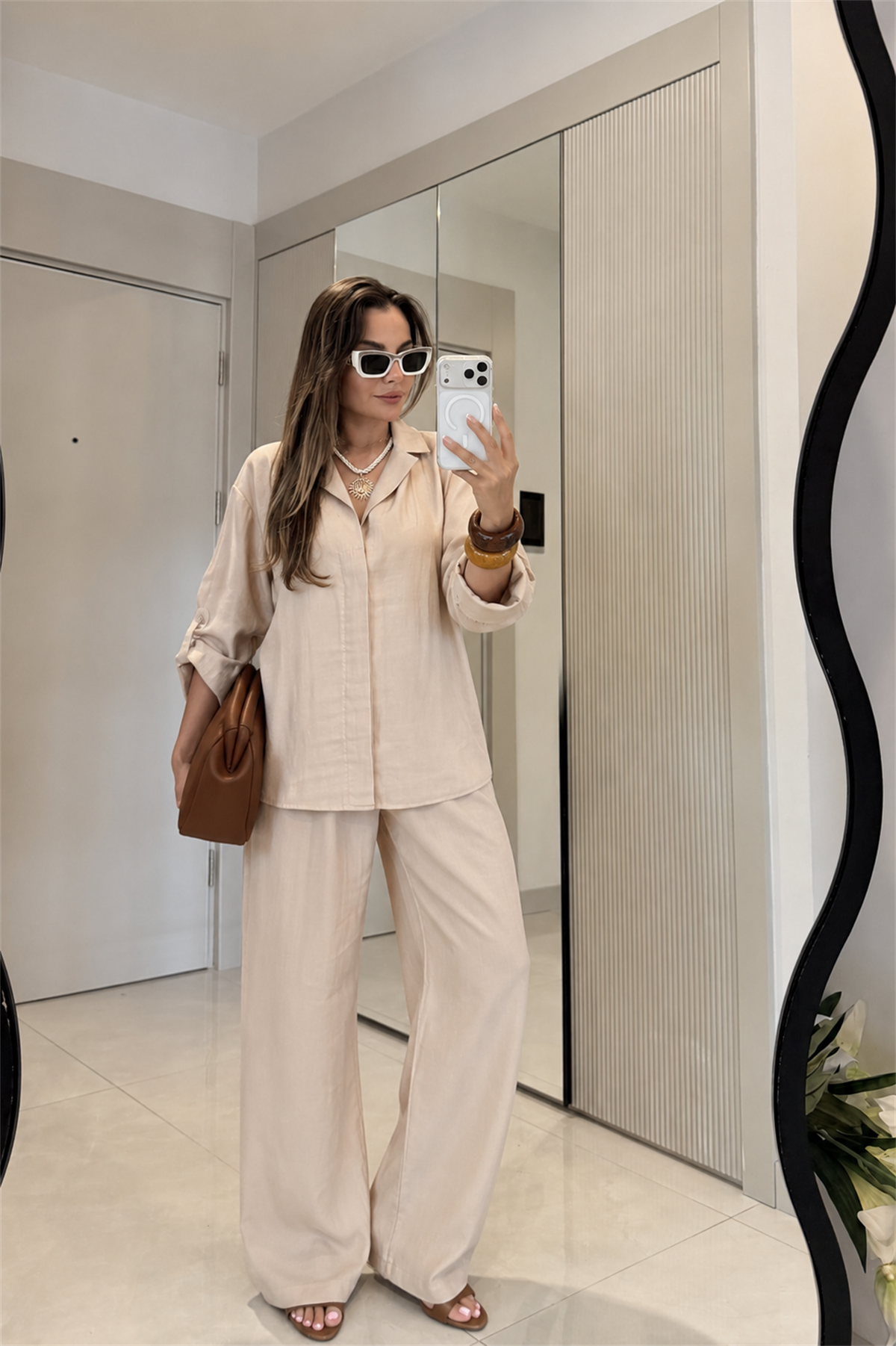 Isadora Krem Tensel Gömlek Pantolon Takım