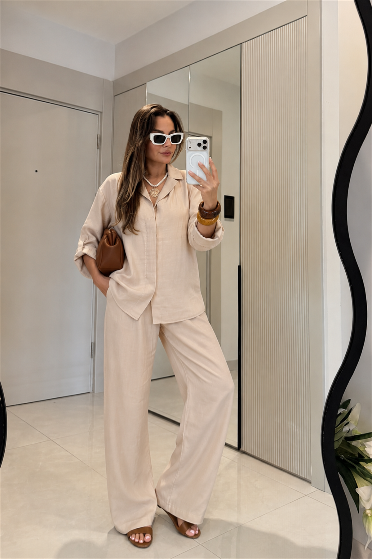 Isadora Krem Tensel Gömlek Pantolon Takım